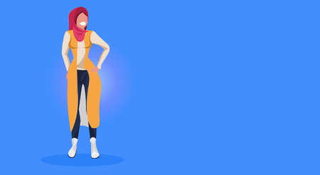 arab woman standing pose happy arabic girl wearing hijab fashion clothes muslim female cartoon...