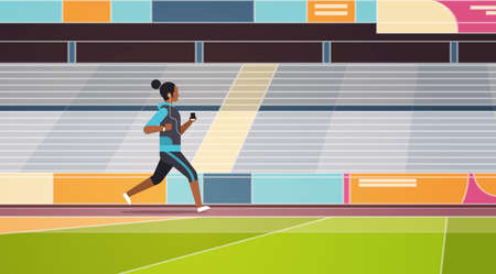 fitness woman running stadium track african american girl listening to music with headphones on smartphone healthy lifestyle concept tribunes background full length flat horizontal vector illustrationのイラスト素材