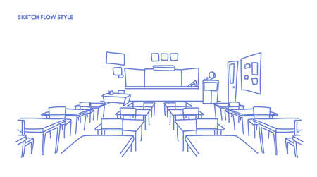 empty school class room interior board desk sketch flow style horizontal vector illustrationのイラスト素材