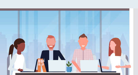 businesspeople group meeting conference mix race coworkers using laptop modern office interior...