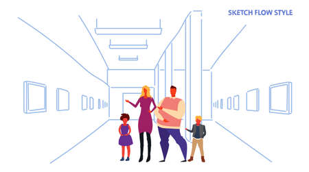 family looking modern art gallery parents and children visitors viewing exhibits contemporary paintings artworks museum hall interior sketch flow style horizontal vector illustrationのイラスト素材