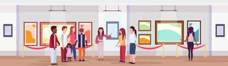 guide lady and mix race tourists group in modern art gallery museum interior looking creative contemporary paintings artworks or exhibits flat horizontal banner full length vector illustrationのイラスト素材