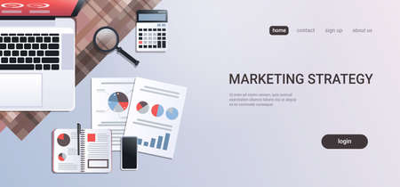 marketing strategy concept workplace desk office stuff top angle view laptop with paper documents report finance graph flat copy space horizontal vector illustrationのイラスト素材