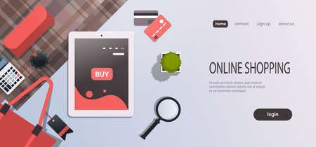 tablet screen sale mobile application online shopping concept workplace desk top angle view office...