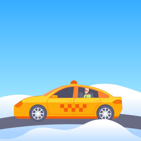 businessman sitting back seat with open window in yellow taxi cab serious businessman going to office winter landscape background flat vector illustrationのイラスト素材