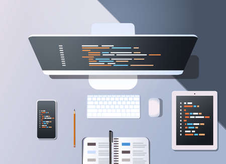 web site design development program code programming concept top angle view desktop computer monitor...