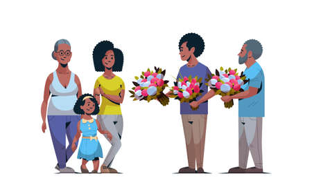 happy multi generation family congratulating women with international 8 march day concept men giving flowers african american characters full length horizontal vector illustrationのイラスト素材