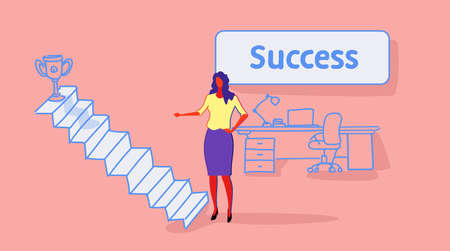 businesswoman climbing stairs career ladder up to golden winner trophy cup businesswoman successful strategy leadership concept office interior sketch horizontal vector illustrationのイラスト素材
