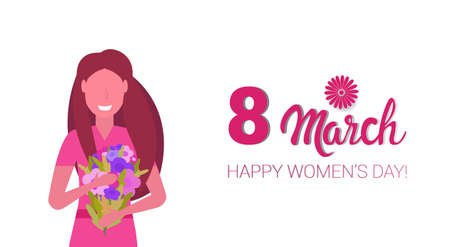 woman holding bouquet of flowers happy women day 8 march holiday celebration concept female cartoon character portrait white background horizontal greeting card vector illustrationのイラスト素材