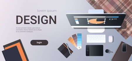 graphic designer creative workplace design studio concept top angle view desktop with digital tablet notepad color swatch office stuff copy space horizontal vector illustrationのイラスト素材