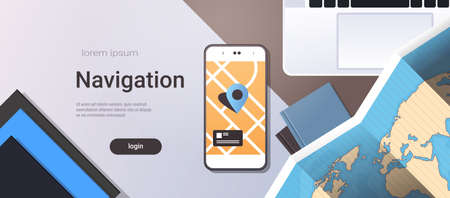 navigation online application paper world map with gps location mark top angle view workplace...