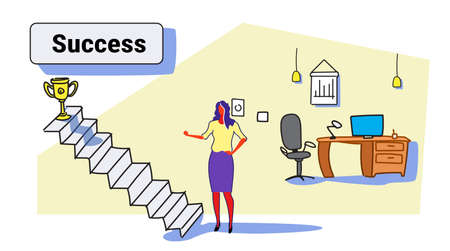 businesswoman climbing stairs career ladder up to golden winner trophy cup businesswoman successful strategy leadership concept office interior colorful sketch horizontal vector illustrationのイラスト素材