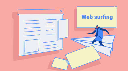 man flying on paper plane to website page browser web surfing concept casual guy in winter clothes...