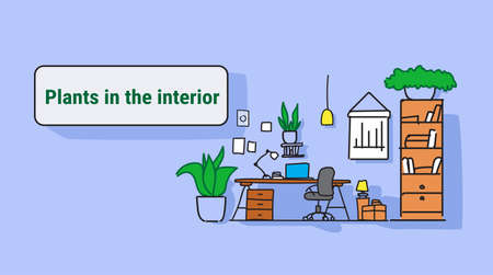 modern workplace cabinet room office workspace interior design with plants on wall empty no people colorful sketch flow style horizontal vector illustrationのイラスト素材