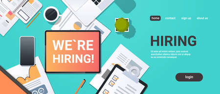 we are hiring recruitment concept top angle view desktop laptop smartphone paper document financial report office stuff horizontal copy space vector illustrationのイラスト素材