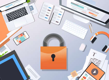 general data protection regulation GDPR concept top angle view desktop padlock privacy information...