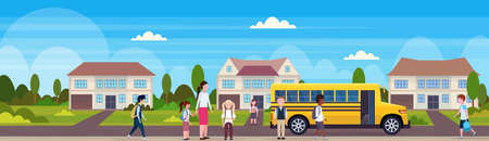 teacher with mix race pupils walking in yellow school bus pupils transport concept residential suburban street landscape background flat horizontal banner full length vector illustrationのイラスト素材