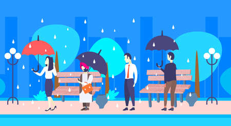 mix race businesspeople holding umbrella unprotected businessman under rain protection concept male female characters full length urban park cityscape flat horizontal vector illustrationのイラスト素材