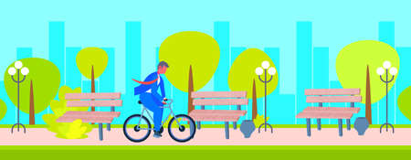 businessman wearing suit riding bicycle to work business man office worker cycling outdoor public urban park cityscape background flat horizontal full length vector illustrationのイラスト素材