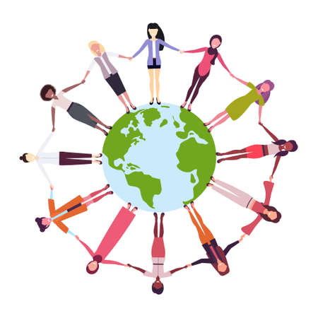 mix race women holding hands around globe international friendship concept girls surrounding world white background vector illustrationのイラスト素材