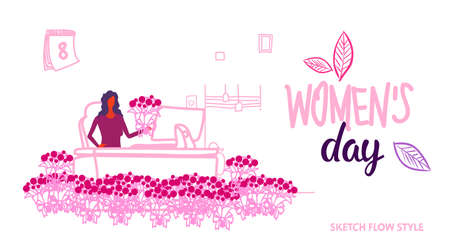 business woman sitting workplace with flowers international happy womens 8 march day holiday celebrating concept modern office interior sketch doodle horizontal vector illustrationのイラスト素材