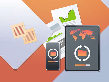 data transfer cloud computer connection database synchronize concept top angle view desktop tablet...