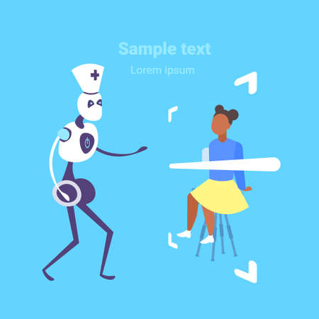 woman patient having consultation with humanoid robot doctor artificial intelligence assistance medicine healthcare concept full length flat copy space vector illustrationのイラスト素材