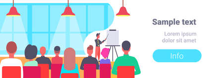 businessman pointing flip chart conference meeting presentation concept business man team leader training courses horizontal copy space flat vector illustrationのイラスト素材