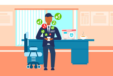 male security guard worker using mobile application social media concept man in uniform holding smartphone modern office interior full length flat horizontal copy space vector illustrationのイラスト素材