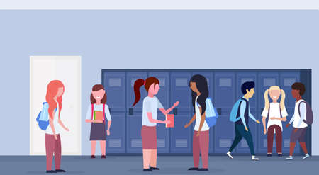 mix race schoolchildren group standing in school lobby corridor interior with row of blue lockers communication education concept horizontal full length flat vector illustrationのイラスト素材