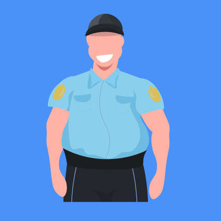 police man officer in uniform male cop security guard professional occupation concept cartoon character portrait flat blue background vector illustrationのイラスト素材