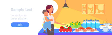 mother with little son tourists choosing dishes from table catering and tourism concept hotel restaurant interior portrait horizontal copy space vector illustrationのイラスト素材