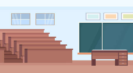 empty auditorium lecture hall theater room interior modern university classroom with wooden rows of seats and chalk board flat horizontal vector illustrationのイラスト素材