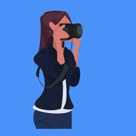 woman photographer taking picture with camera female journalist reporter shooting professional occupation concept cartoon character portrait flat blue background vector illustrationのイラスト素材
