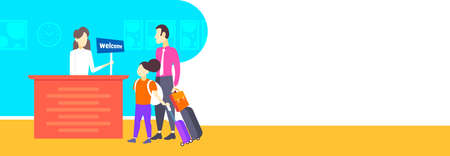 father and daughter tourists with suitcases arrive to hotel check in woman receptionist registration at reception counter hospitality staff vacation travel concept horizontal banner vector illustrationのイラスト素材