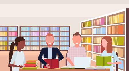 mix race students group reading books preparing to exam sitting workplace desks study area modern...