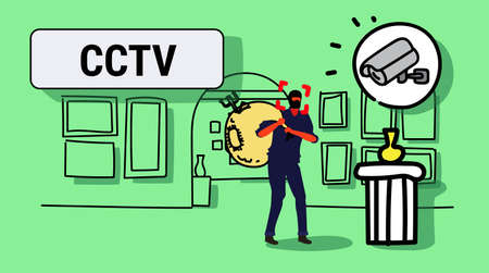 surveillance camera capturing masked thief stealing exhibits cctv detected robber security alarm system modern museum interior sketch horizontal vector illustrationのイラスト素材