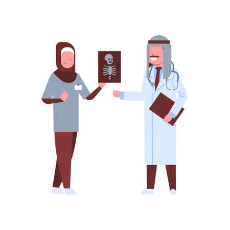 arab doctor and nurse examining x-ray hospital workers looking patient radiography cartoon characters full length medicine healthcare concept vector illustrationのイラスト素材
