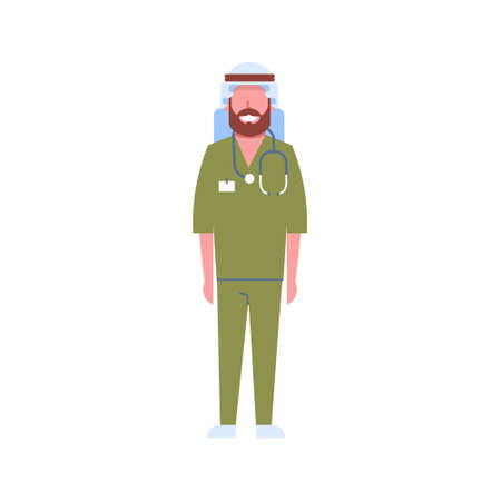 arab male doctor with stethoscope arabic man in keffiyeh and green uniform hospital medicine worker cartoon character full length white background flat vector illustrationのイラスト素材