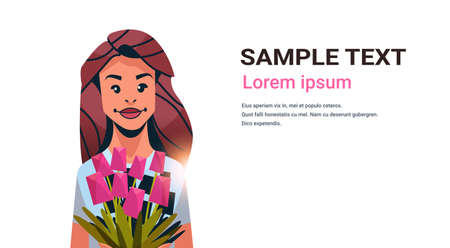woman holding bouquet of flowers happy women day 8 march holiday celebration concept female cartoon character portrait white background horizontal copy space vector illustrationのイラスト素材