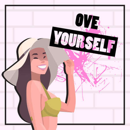 bikini woman in hat summer vacation concept happy girl portrait poster bricks background vector illustrationのイラスト素材