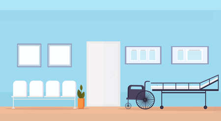 hospital waiting hall with seats bed and wheelchair medical equipment empty no people clinic interior horizontal flat vector illustrationのイラスト素材