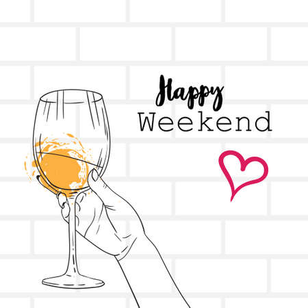 hand holding wine glass happy weekend concept calligraphy lettering poster gray bricks background sketch vector illustrationのイラスト素材