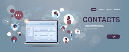 contact list of mix race people social network communication concept laptop select contacts screen...