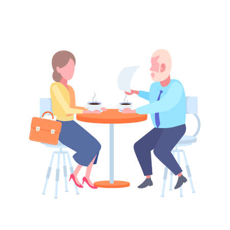 couple man woman sitting cafe table businesspeople reading contract document and drinking coffee white background flat full length vector illustrationのイラスト素材
