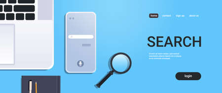 mobile app browsing online search concept top angle view workplace desktop with laptop smartphone...