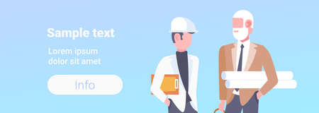 couple architect builders meeting two businessmen discussing holding blueprint of building construction workers portrait flat horizontal copy space vector illustrationのイラスト素材