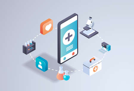 healthcare mobile application online medical laboratory concept smartphone screen medicine tests app interface digital technology 3d isometric horizontal flat vector illustrationのイラスト素材