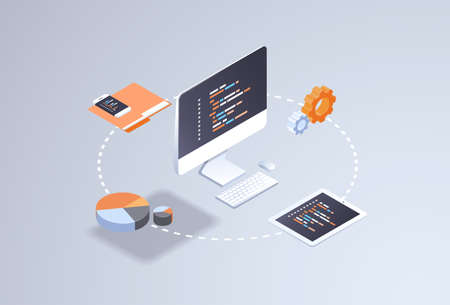 software web site design development concept programming language program code big data processing on computer screen 3d isometric coding technologies flat horizontal vector illustrationのイラスト素材