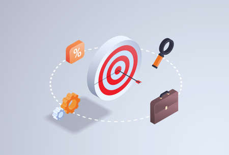 business aim strategy arrow hitting precision concept 3d isometric icons technology corporate financial growth goal flat horizontal vector illustrationのイラスト素材